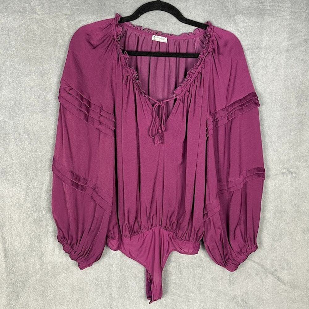 Free People Top Womens Small Purple Bodysuit Long Sleeve Boho Peasant Cottage